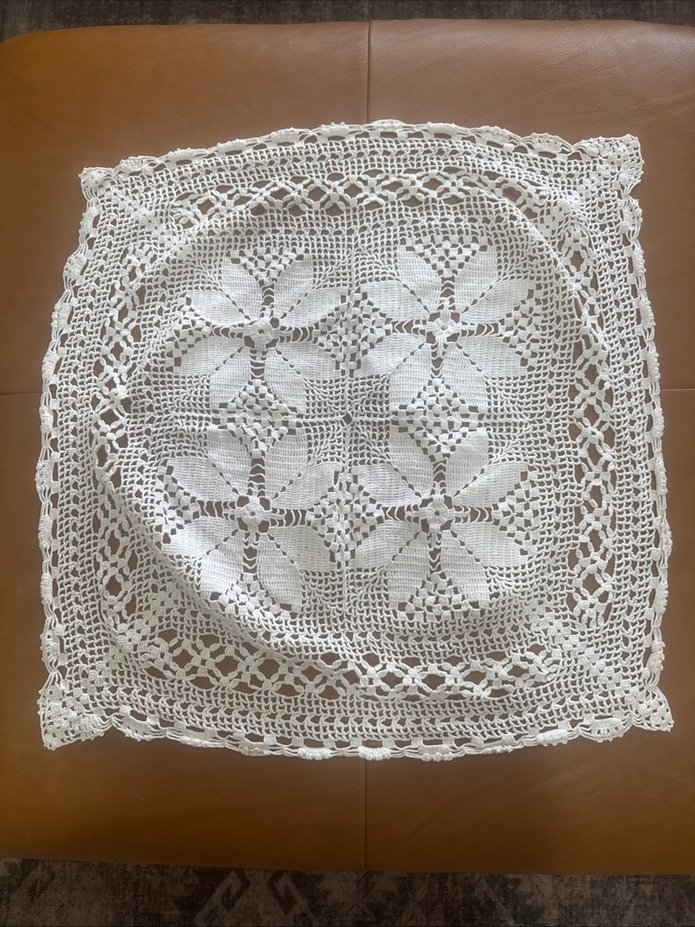 Vintage Hand Crocheted White Table Topper Doily 26x27 Square Lace Centerpiece